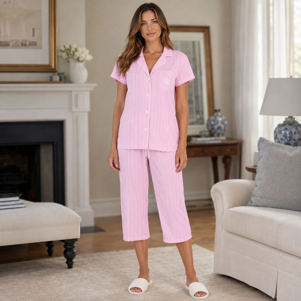 LAUREN RALPH LAUREN Women's New Pajama Set SMALL Pink Stripe Capri LN92421T